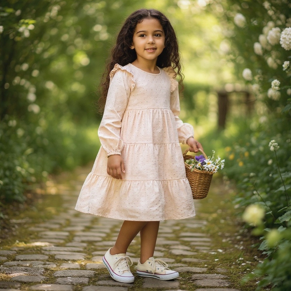 Wonder Nation Light Tan Tiered Long-Sleeve Dot Dress Size L(10-12)
